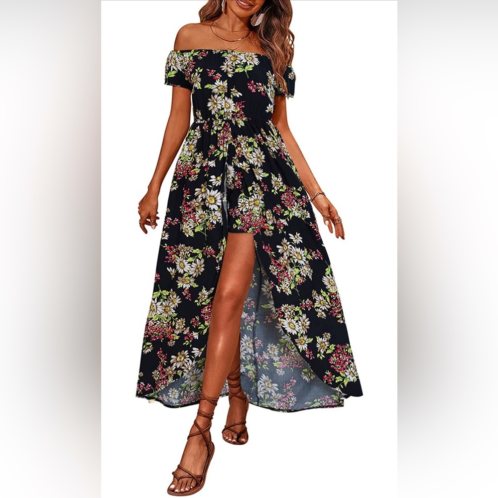 Off Shoulder Floral Maxi Romper Dress